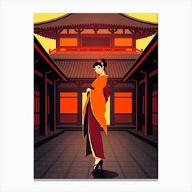 Geisha Girl In Kimono A Temple Yard Canvas Print