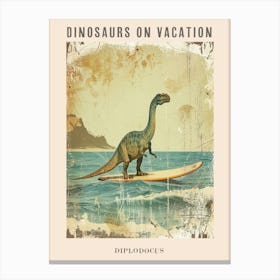 Vintage Diplodocus Dinosaur On A Surf Board 4 Poster Canvas Print