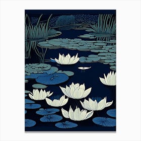 Pond With Lily Pads Water Waterscape Linocut 1 Canvas Print