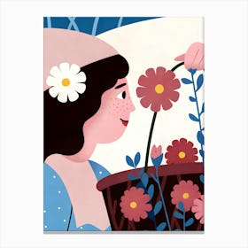 Woman Girl With Flowers Basket Canvas Print