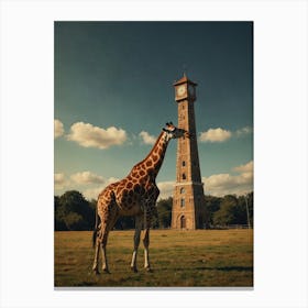 Giraffe In Front Of Clock Tower 1 Canvas Print