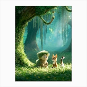 Friendly Fluffy Creatures Captured Mid Conversation In A Whimsical Forest Scene Their Faces Contor Canvas Print