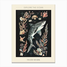 Tiger Shark Seascape Black Background Illustration 2 Poster Canvas Print