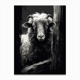 Black & White Illustration Of Highland Sheep In The Barn 1 Canvas Print