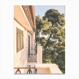 Puglia, Italy I Baroque roman architecture of coastal italian pink villa surrounded by pine trees with a minimalist geometric photography composition in pastel aesthetic light of sunset sunrise Canvas Print