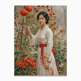 Girl With Red Lanterns And Flowers Canvas Print