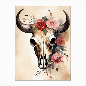 Vintage Boho Bull Skull Flowers Painting (50) Canvas Print