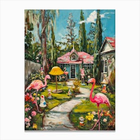 Retro Flamingoes In A Garden 7 Canvas Print