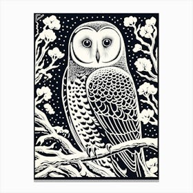 B&W Bird Linocut Snowy Owl 4 Canvas Print