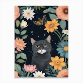 Black Cat In Flowers 5 Canvas Print