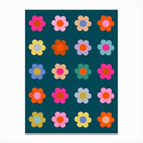 Colorful Flowers Navy Blue Floral Canvas Print