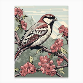 Vintage Bird Linocut House Sparrow 2 Canvas Print