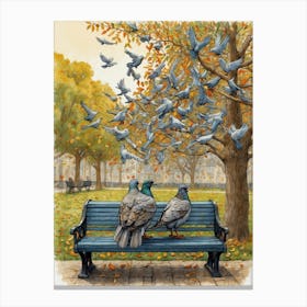Pigeons On A Bench Canvas Print