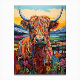 Colourful Patchwork Illustration Of Highland Cow 1 Canvas Print