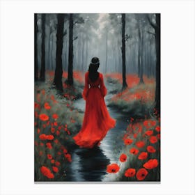 Looking For the Light ~ Lady in Red in the Dark Forest Surrounded by Poppies ~ Symbolism Art, Aesthetic, Dreamy, Gloomy, Beautiful Wall Decor by Sarah Valentine Canvas Print