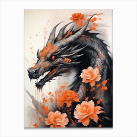 Japanese Dragon Abstract Flowers Painting (4) Canvas Print