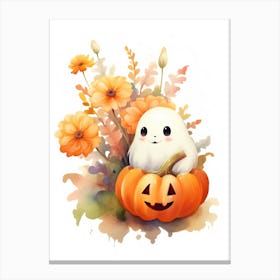 Cute Ghost With Pumpkins Halloween Watercolour 142 Canvas Print