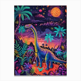 Abstract Neon Dinosaurs In Jurassic Landscape 1 Canvas Print
