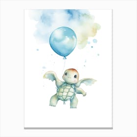 Baby Turtle Flying With Ballons, Watercolour Nursery Art 4 Canvas Print