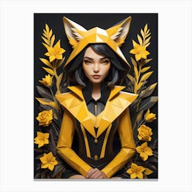 Low Poly Floral Fox Girl, Black And Yellow (19) Canvas Print