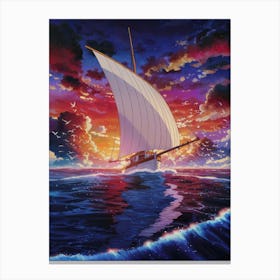 Anime Canvas Art: Majestic Sailboat at Fiery Sunset, Vibrant Sky with Dramatic Clouds and Ocean Waves, Perfect for Lofi Aesthetic and Seafaring Enthusiasts. Canvas Print