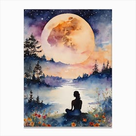 Meditating Woman In The Moonlight - Full Moon Contemplating Serenity Calm Yoga Meditation Spiritual Grounding Heart Open Buddhist Indian Travel Guidance Wisdom Peace Love Witchy Beautiful Watercolor Woman Trees Blue Silhouette Canvas Print