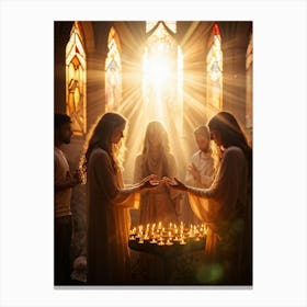 Candlelight Vigil During Spiritual Celebration Rays Of Soft Golden Light Breaking Through Stained G (4) Canvas Print