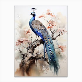 Peacock, Japanese Brush Painting, Ukiyo E, Minimal 4 Canvas Print