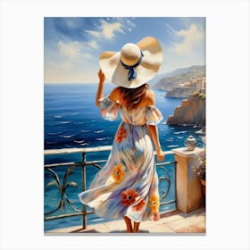 Woman in summer dress looking at the sea Canvas Print