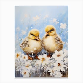 Snowy Winter Ducklings Floral Painting 2 Canvas Print