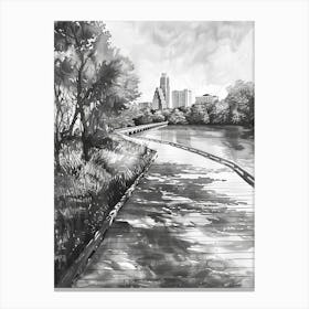 Lady Bird Lake And The Boardwalk Austin Texas Black And White Watercolour 3 Canvas Print