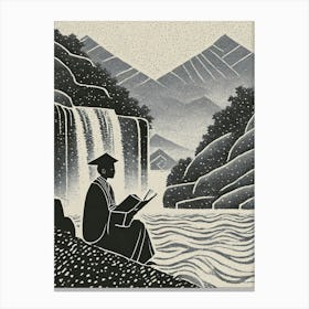 A Meditative Zen Monk Composing Poetry Beside A Waterfall Ukiyo-E Style Canvas Print