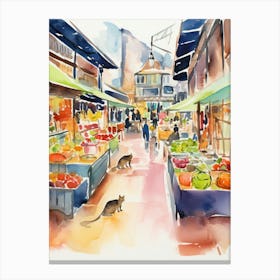 Food Market With Cats In Berlin 3 Watercolour Canvas Print