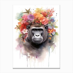 Gorilla Art With Flowers Watercolour Nursery 10 Canvas Print