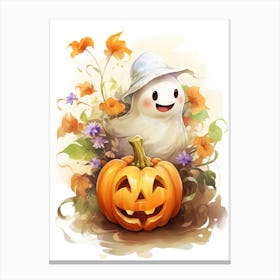 Cute Ghost With Pumpkins Halloween Watercolour 36 Canvas Print
