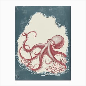 Linocut Inspired Octopus Hiding Away In A Cave 2 Canvas Print