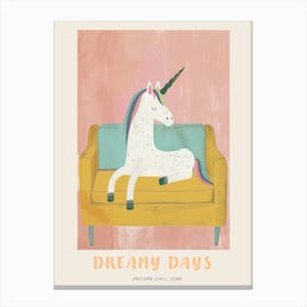 Pastel Unicorn Sat On A Mustard Sofa Poster Canvas Print