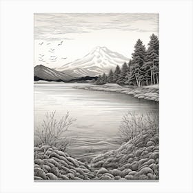 Lake Toya In Hokkaido, Ukiyo E Black And White Line Art Drawing 2 Canvas Print