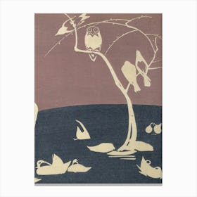 Japanese Ukiyo-E Owls In A Tree Canvas Print