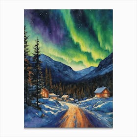The Northern Lights - Aurora Borealis Rainbow Winter Snow Scene of Lapland Iceland Finland Norway Sweden Forest Lake Watercolor Beautiful Celestial Artwork for Home Gallery Wall Magical Etheral Dreamy Traditional Christmas Greeting Card Painting of Heavenly Fairylights 15 Canvas Print