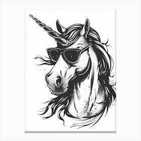 Unicorn In Sunglasses Black & White Illustration 3 Canvas Print