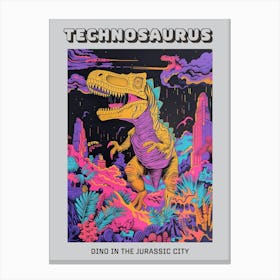 Dinosaur Teal Lilac Cityscape Jurassic Illustration Poster Canvas Print