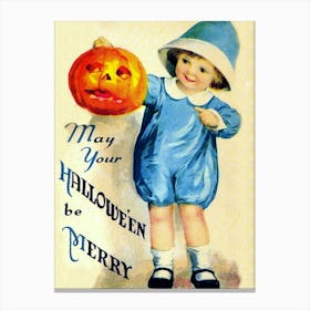 Little Boy With Pumpkin Wishes You A Happy Halloween Canvas Print