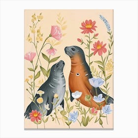 Folksy Floral Animal Drawing Harp Seal Canvas Print