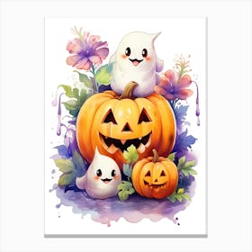 Cute Ghost With Pumpkins Halloween Watercolour 42 Canvas Print