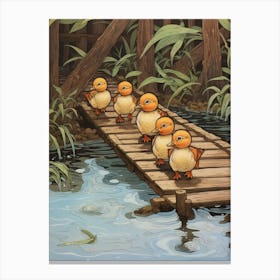 Ducklings On The Wooden Bridge Japanese Woodblock Style 1 Canvas Print