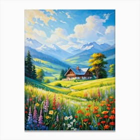 A Tranquil Countryside House Kissed By Suns Cheerful Warm And Radiant Rays Amidst Fluffy Clouds Canvas Print