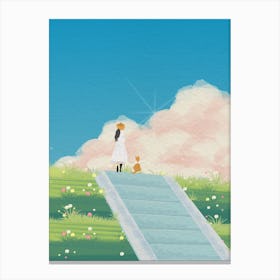 Minimal art illustration Girl And A cat In the afternoon Canvas Print