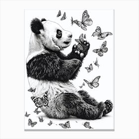 Giant Panda Cub Playing With Butterflies Ink Illustration 3 Canvas Print