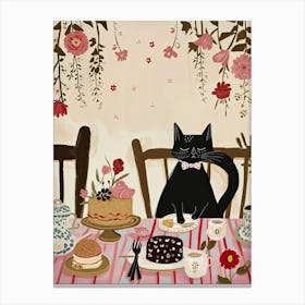 Black Cat Birthday With Cakes And Flower Painting Cat Kitchen Print Cat Lover Gift Cute Cat Print Kitchen Canvas Print
